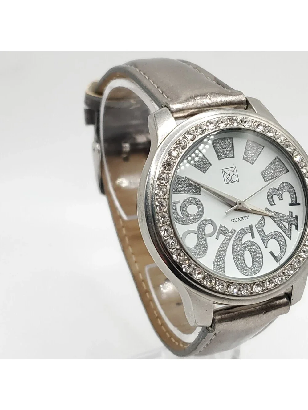 NY&C Quartz Watch Womens 40mm Silver Tone Rhinestone Bezel New Battery